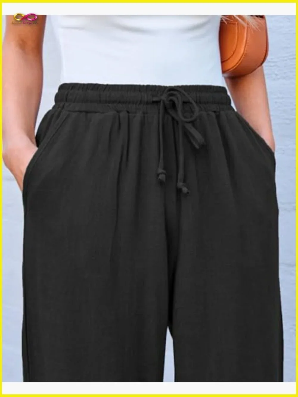 Linen Blend Wide Leg Capri Pants High Waisted Elastic Casual Boho Chic